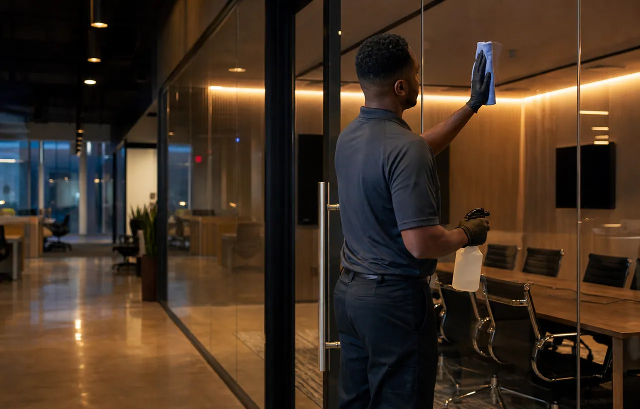 Commercial cleaner detailing a glass conference room wall in a modern office