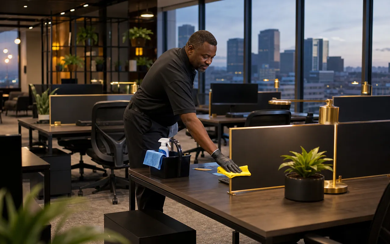Professional cleaner wiping a shared desk in a modern Dallas–Fort Worth office